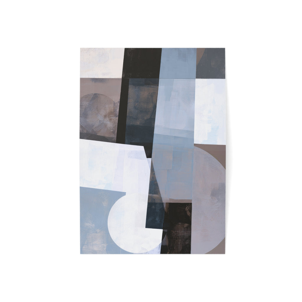 An abstract geometric art gratitude card featuring blocks and curves in shades of blue, gray, white, black, and taupe, displayed against a clean white background.