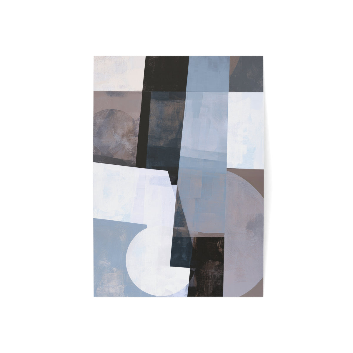 An abstract geometric art gratitude card featuring blocks and curves in shades of blue, gray, white, black, and taupe, displayed against a clean white background.