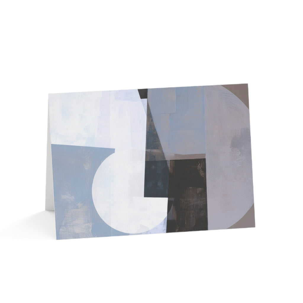An abstract art gratitude card featuring a modern geometric design with overlapping circles, rectangles, and textured blocks in shades of blue, white, gray, and black, displayed standing upright on a white background.