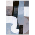 Abstract geometric painting showcasing multiple overlapping transparent circles, semi-circles, and rectangles in ice blue, textured slate gray, dark charcoal, and stark white layered over a block layout. Art print titled 'Slate and Blue V', available in vertical sizes 8x12, 12x18, 16x24, and 24x36.