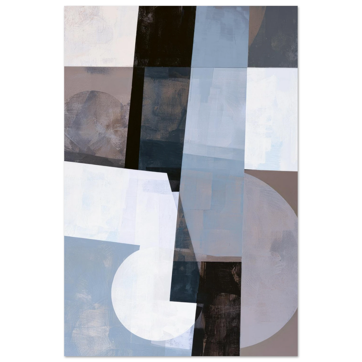 Abstract geometric painting showcasing multiple overlapping transparent circles, semi-circles, and rectangles in ice blue, textured slate gray, dark charcoal, and stark white layered over a block layout. Art print titled 'Slate and Blue V', available in vertical sizes 8x12, 12x18, 16x24, and 24x36.