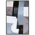 Abstract geometric painting in a black wooden frame showcasing multiple overlapping transparent circles, semi-circles, and rectangles in ice blue, textured slate gray, dark charcoal, and stark white layered over a block layout. Art print titled 'Slate and Blue V', available in vertical sizes 8x12, 12x18, 16x24, and 24x36.