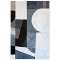 Abstract geometric painting showcasing a large, prominent white semi-circle overlapping structured columns, grids, and dark charcoal swoops in dusty slate, denim blue, and light gray textures. Art print titled 'Slate and Blue VI', available in vertical sizes 8x12, 12x18, 16x24, and 24x36.