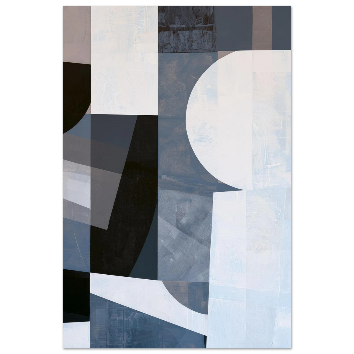 Abstract geometric painting showcasing a large, prominent white semi-circle overlapping structured columns, grids, and dark charcoal swoops in dusty slate, denim blue, and light gray textures. Art print titled 'Slate and Blue VI', available in vertical sizes 8x12, 12x18, 16x24, and 24x36.