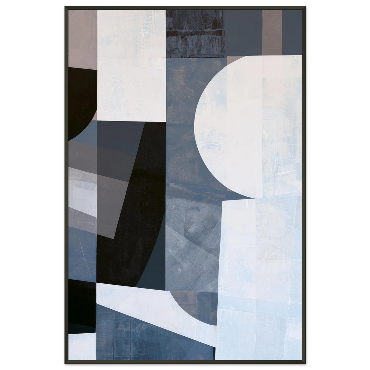 Abstract geometric painting im a black metal frame showcasing a large, prominent white semi-circle overlapping structured columns, grids, and dark charcoal swoops in dusty slate, denim blue, and light gray textures. Art print titled 'Slate and Blue VI', available in vertical sizes 8x12, 12x18, 16x24, and 24x36.