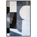 Abstract geometric painting im a black wooden frame showcasing a large, prominent white semi-circle overlapping structured columns, grids, and dark charcoal swoops in dusty slate, denim blue, and light gray textures. Art print titled 'Slate and Blue VI', available in vertical sizes 8x12, 12x18, 16x24, and 24x36.