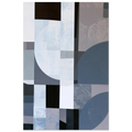 Abstract geometric painting showcasing multiple overlapping pale blue circles, large slate gray curves, and contrasting solid black and white blocks with a subtle plaster texture. Art print titled 'Slate and Blue VII', available in vertical sizes 8x12, 12x18, 16x24, and 24x36.