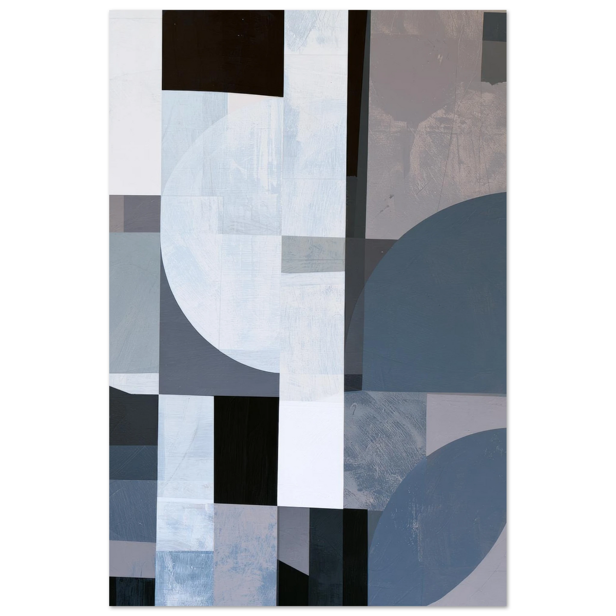 Abstract geometric painting showcasing multiple overlapping pale blue circles, large slate gray curves, and contrasting solid black and white blocks with a subtle plaster texture. Art print titled 'Slate and Blue VII', available in vertical sizes 8x12, 12x18, 16x24, and 24x36.