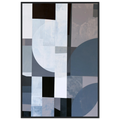 Abstract geometric painting in a black wooden frame showcasing multiple overlapping pale blue circles, large slate gray curves, and contrasting solid black and white blocks with a subtle plaster texture. Art print titled 'Slate and Blue VII', available in vertical sizes 8x12, 12x18, 16x24, and 24x36.