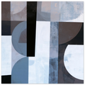 Abstract geometric painting showcasing multiple overlapping transparent circles, semi-circles, and rectangles in denim blue, muted slate gray, deep black, and bright white layered over a square block layout. Art print titled 'Slate and Blue VIII', available in square sizes 12x12, 18x18, 20x20, and 28x28.