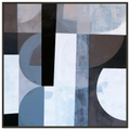 Abstract geometric painting in a black metal frame showcasing multiple overlapping transparent circles, semi-circles, and rectangles in denim blue, muted slate gray, deep black, and bright white layered over a square block layout. Art print titled 'Slate and Blue VIII', available in square sizes 12x12, 20x20, and 28x28.