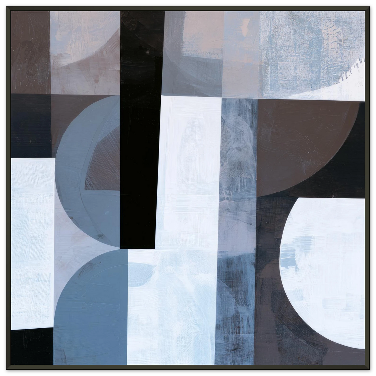 Abstract geometric painting in a black metal frame showcasing multiple overlapping transparent circles, semi-circles, and rectangles in denim blue, muted slate gray, deep black, and bright white layered over a square block layout. Art print titled 'Slate and Blue VIII', available in square sizes 12x12, 20x20, and 28x28.