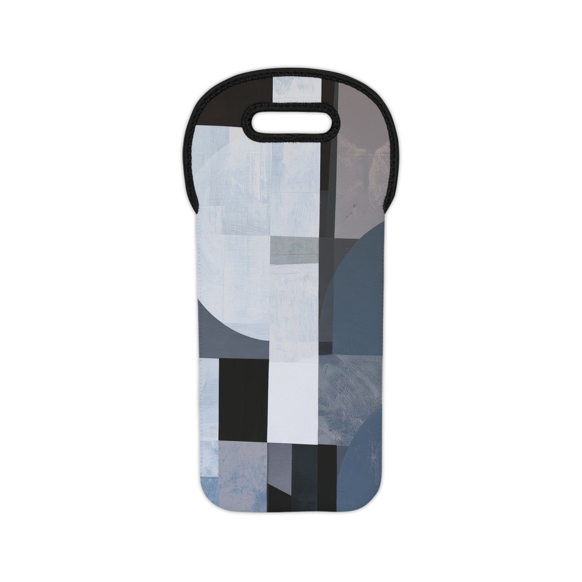 A wine tote featuring an abstract geometric pattern in shades of blue, gray, black, and white, with a black handle cutout at the top, shown on a plain white background.