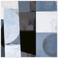 Abstract geometric painting showcasing a prominent ice blue semi-circle balanced by solid black blocks, pale white squares, and layered slate blue circular elements. Art print titled 'Slate and Blue X', available in square sizes 12x12, 18x18, 20x20, and 28x28.