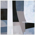 Abstract geometric painting showcasing bold vertical white columns, sharp black angles, and large sweeps of soft blue-gray texture against a geometric grid. Art print titled 'Slate and Blue XI', available in square sizes 12x12, 18x18, 20x20, and 28x28.