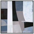 Abstract geometric painting in a black metal frame showcasing bold vertical white columns, sharp black angles, and large sweeps of soft blue-gray texture against a geometric grid. Art print titled 'Slate and Blue XI', available in square sizes 12x12, 20x20, and 28x28.