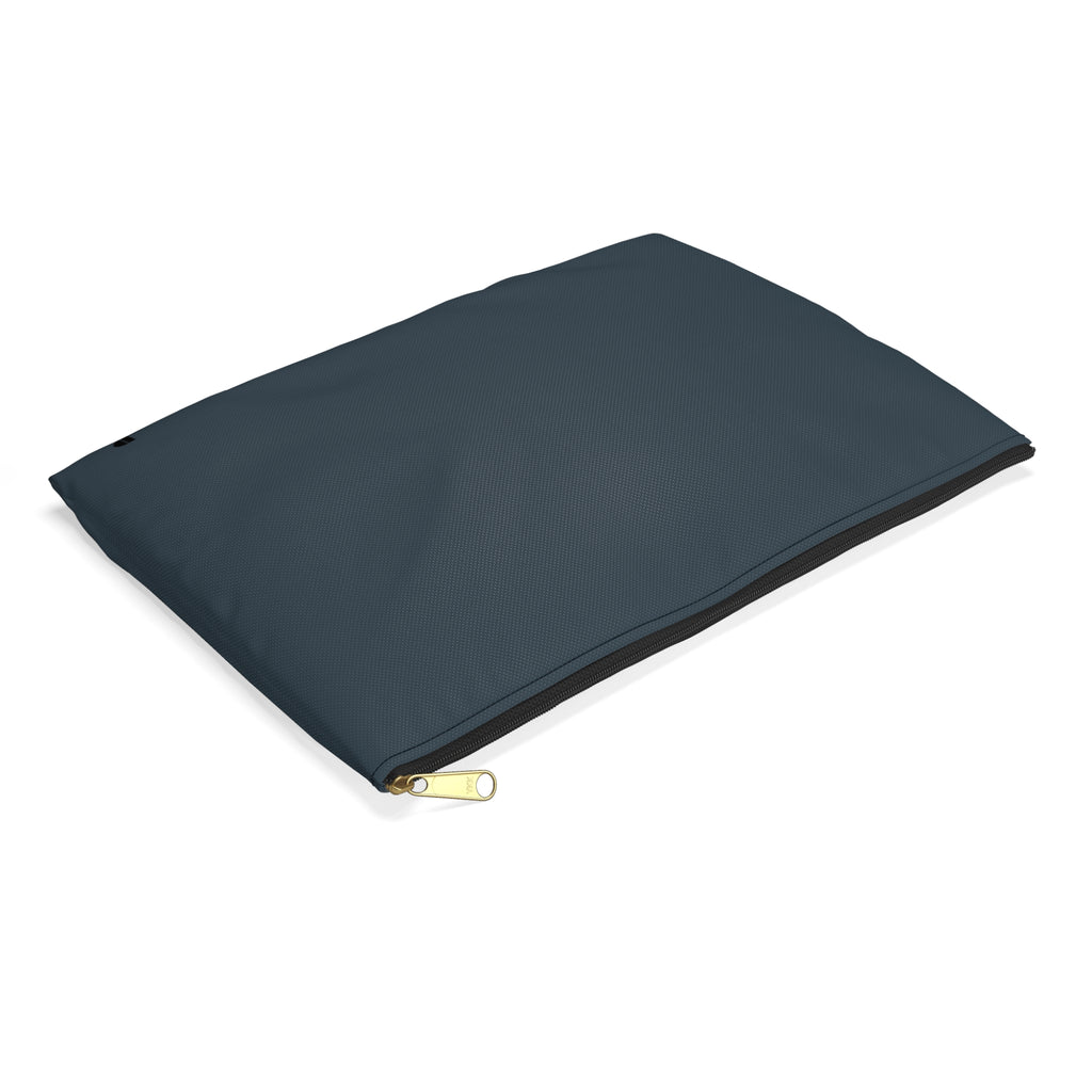 A rectangular slate blue pouch with a black zipper and a small black logo in the bottom right corner, shown against a plain white background.