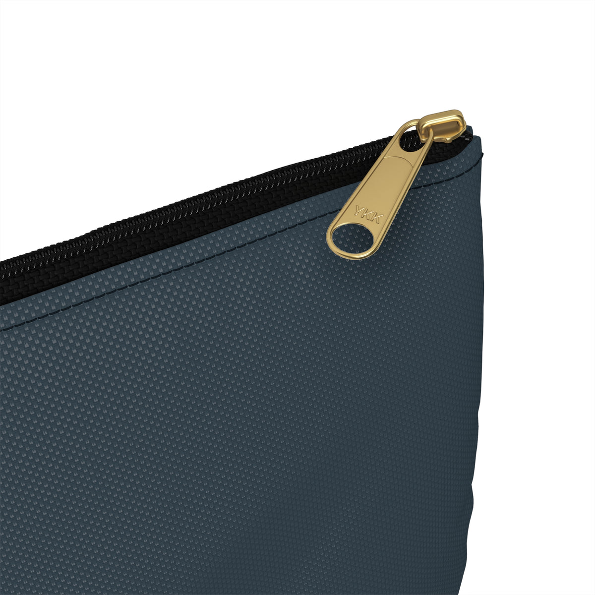 Close-up of a slate blue pouch with a black zipper shown against a plain white background.