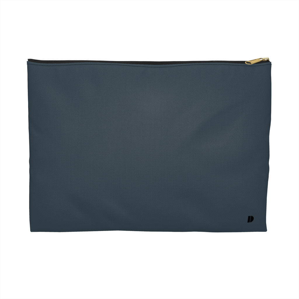 A rectangular slate blue pouch with a black zipper and a small black logo in the bottom right corner, shown against a plain white background.