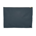 A rectangular slate blue pouch with a black zipper and a small black logo in the bottom right corner, shown against a plain white background.