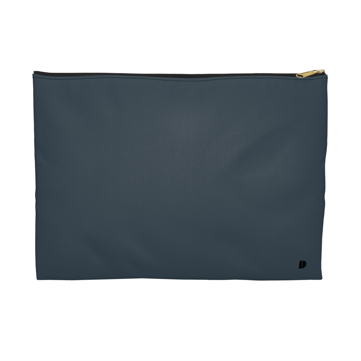 A rectangular slate blue pouch with a black zipper and a small black logo in the bottom right corner, shown against a plain white background.
