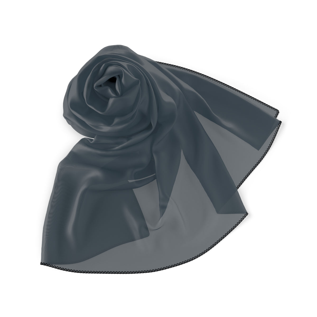A dark blue-gray semi-sheer scarf with a stitched border, artistically draped in a rose shape against a solid white background.
