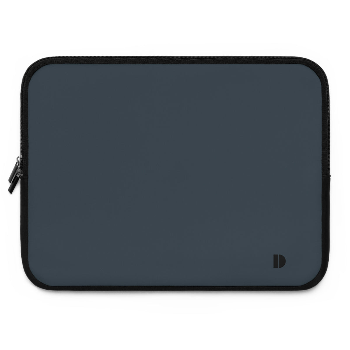 A dark slate blue neoprene laptop sleeve with black trim and a small black logo in the bottom right corner, shown on a plain white background.