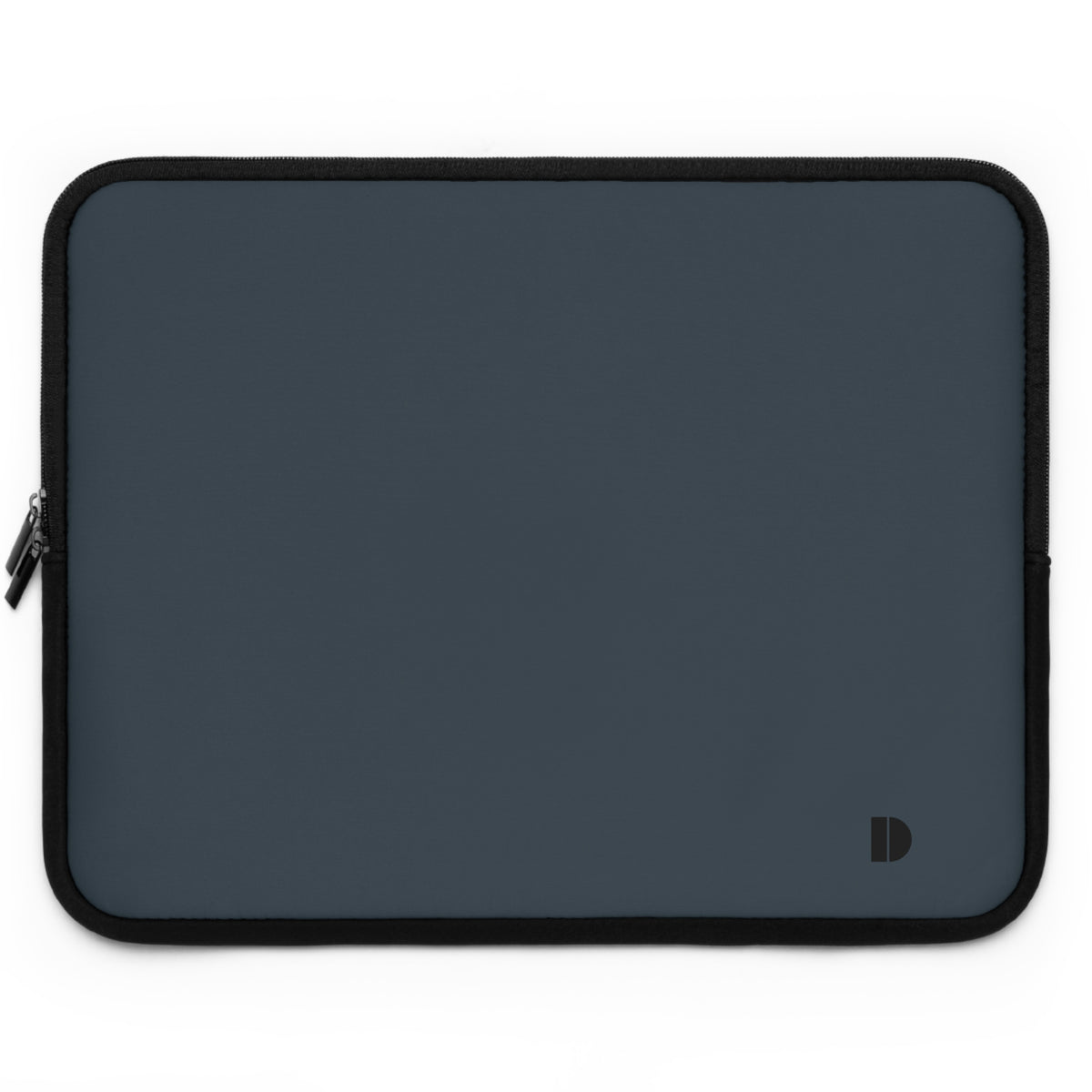 A dark slate blue neoprene laptop sleeve with black trim and a small black monogram logo in the bottom right corner, shown on a plain white background.