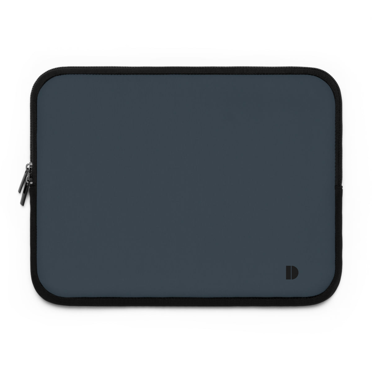 A dark slate blue laptop sleeve with black trim and a small black monogram logo in the bottom right corner, shown on a plain white background.
