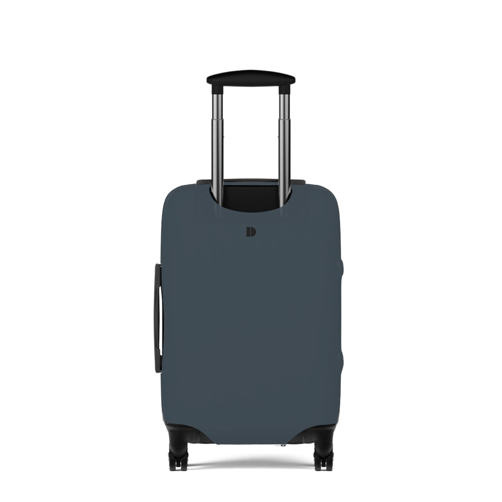 A dark slate blue luggage cover fitted on a hard-shell rolling suitcase, shown from the front against a plain white background.