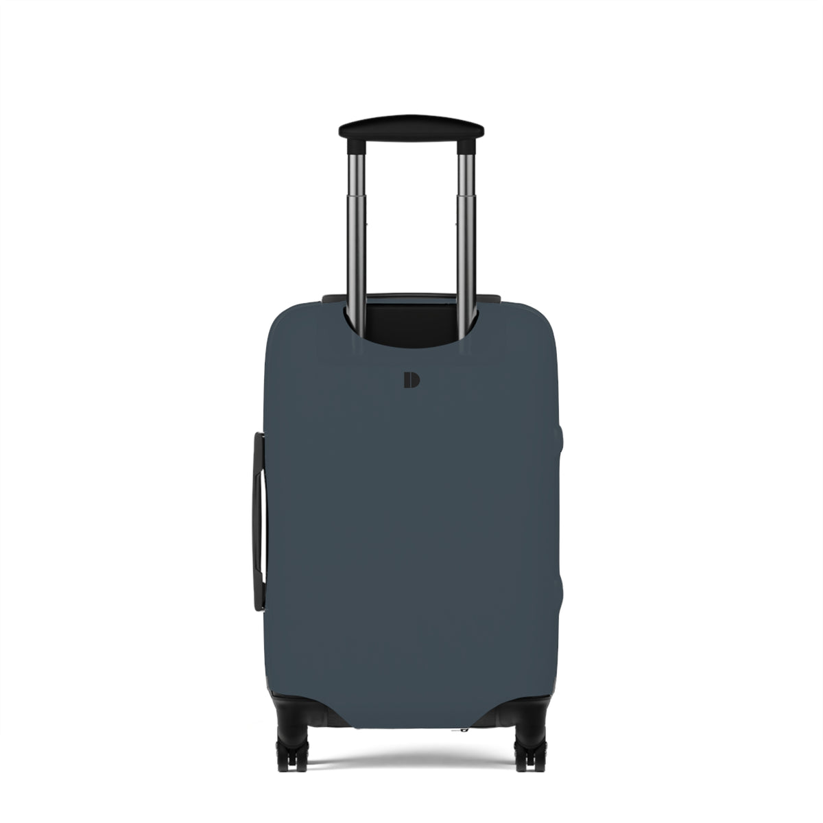 A dark slate blue luggage cover fitted on a hard-shell rolling suitcase, shown from the front against a plain white background.
