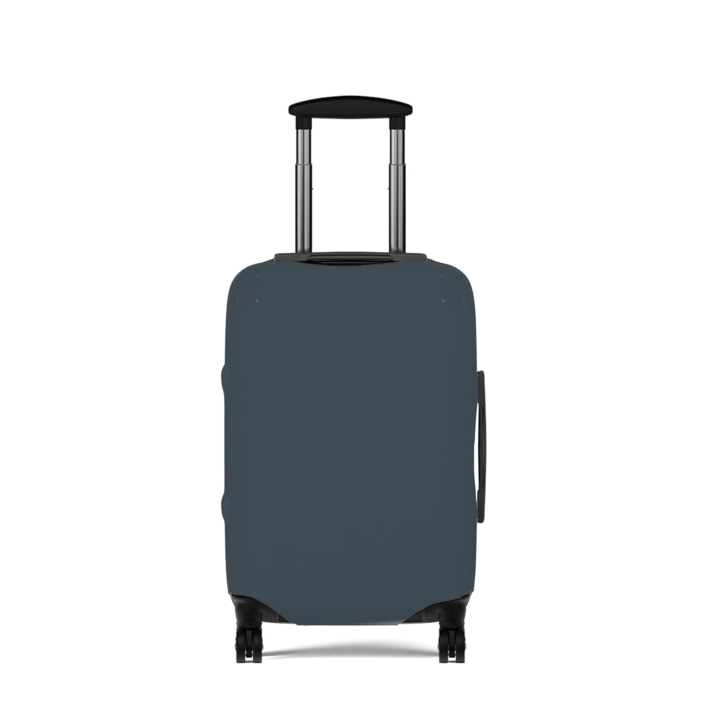 A dark slate blue luggage cover fitted on a hard-shell rolling suitcase, shown from the front against a plain white background.