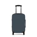 A dark slate blue luggage cover fitted on a hard-shell rolling suitcase, shown from the front against a plain white background.