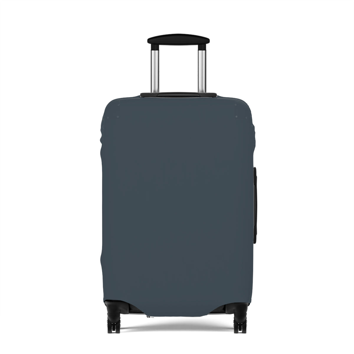 A dark slate blue luggage cover fitted on a hard-shell rolling suitcase, shown from the front against a plain white background.