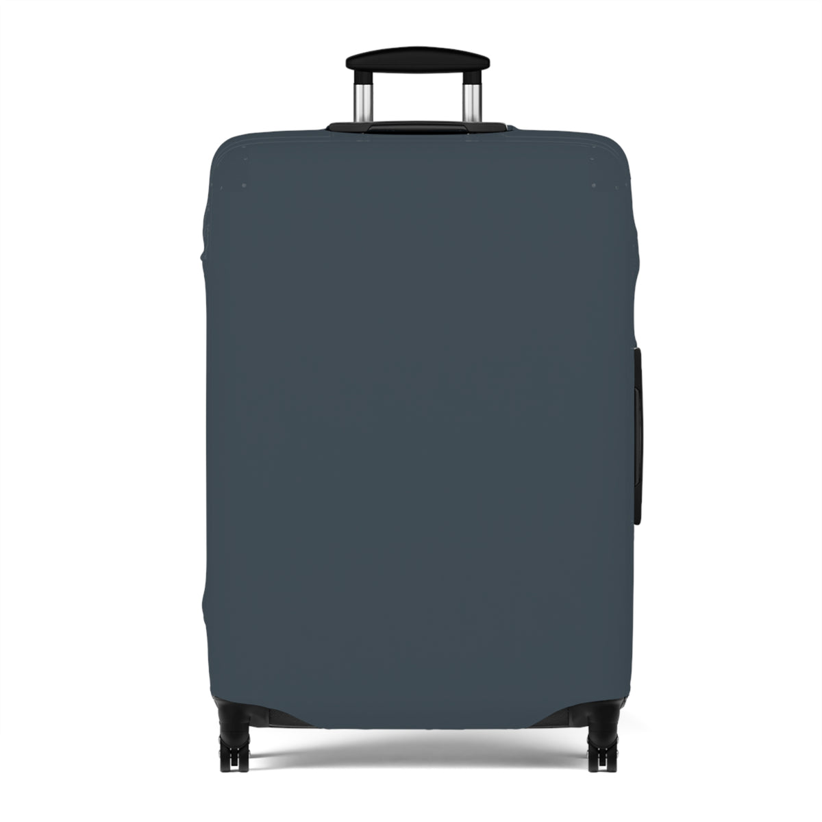 A dark slate blue luggage cover fitted on a hard-shell rolling suitcase, shown from the front against a plain white background.