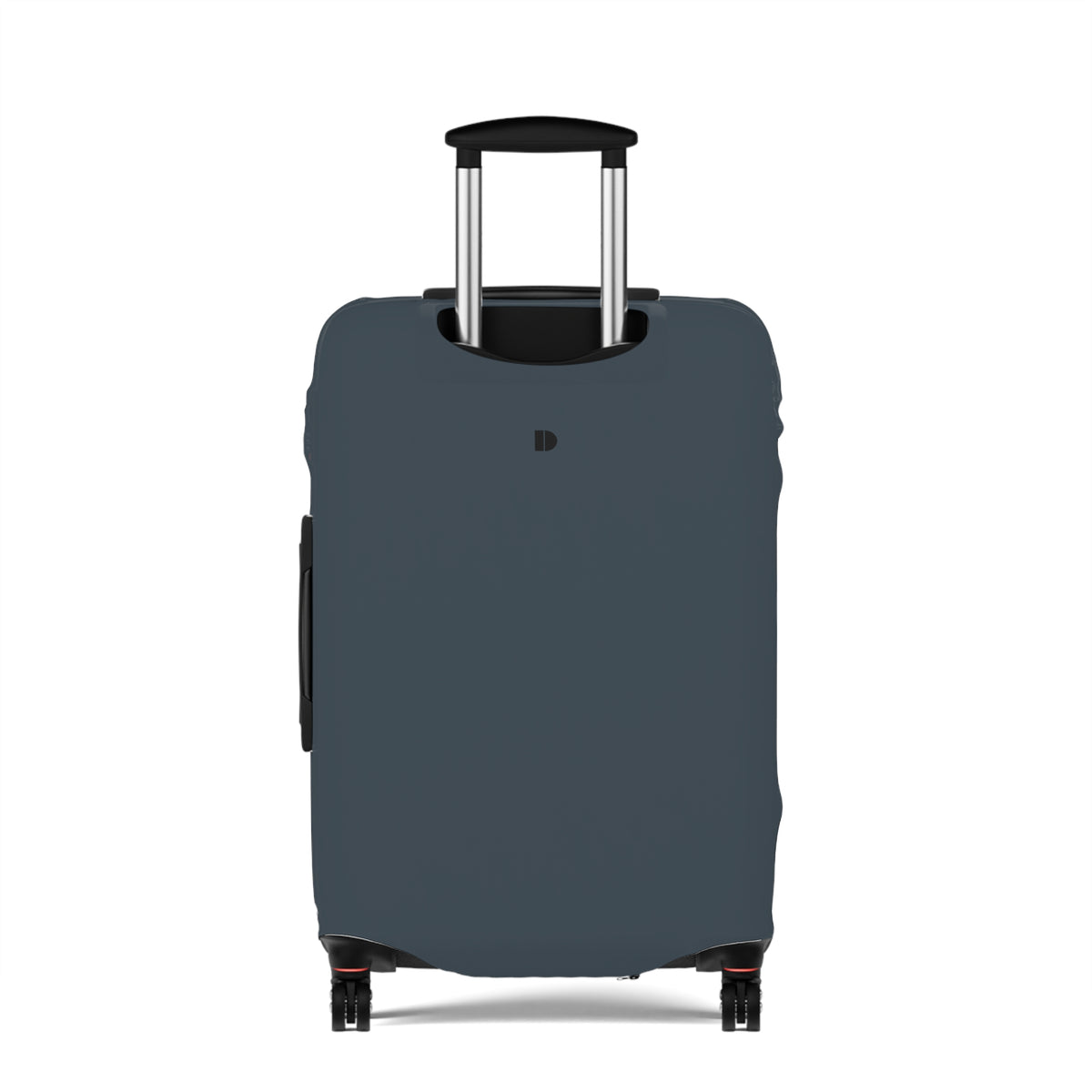 A dark slate blue luggage cover fitted on a rolling suitcase, shown from the front against a plain white background. The cover features a small black monogram logo near the top center.