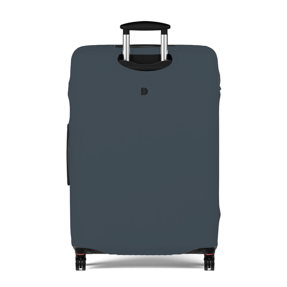 A dark slate blue luggage cover fitted on a hard-shell suitcase, shown from the front against a plain white background. The cover features a small black monogram logo near the top center.