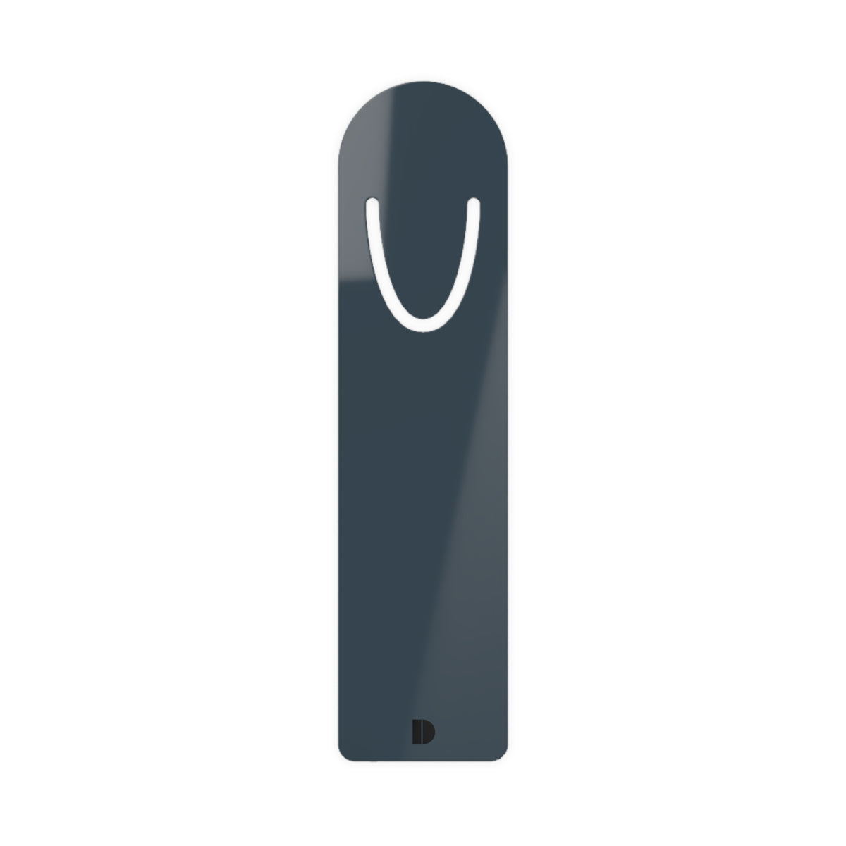 Slate blue metal bookmark featuring a rounded top with an integrated U-shaped page clip cutout and a small black semi-circle logo stamped near the flat base. Metal bookmark titled 'Slate Blue Metal Bookmark', available in one size.