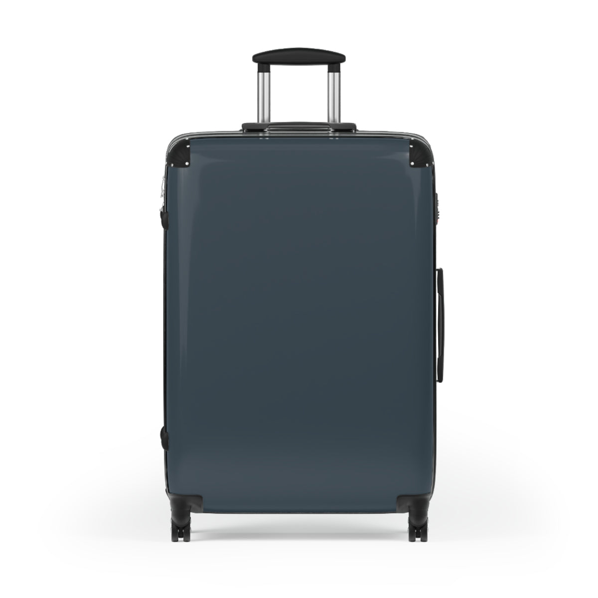 A dark slate blue hard-shell suitcase with an extended telescoping handle and four spinner wheels, shown from a front-facing angle on a solid white background.