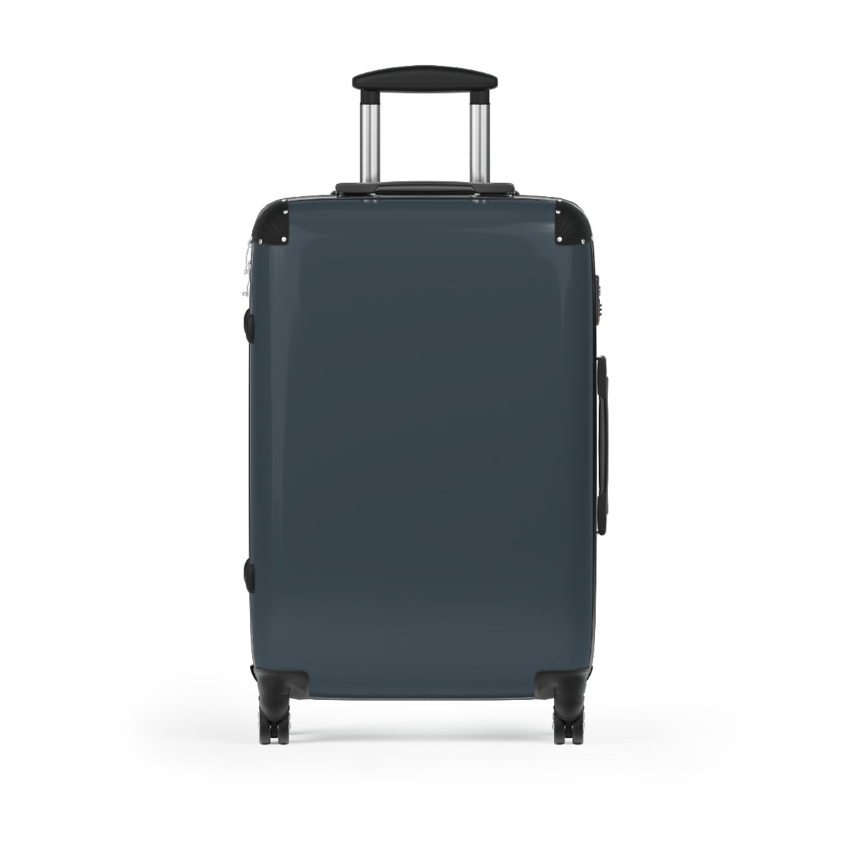 A dark slate blue hardshell suitcase with an extended telescoping handle and four wheels, shown from a front-facing perspective on a clean white background.