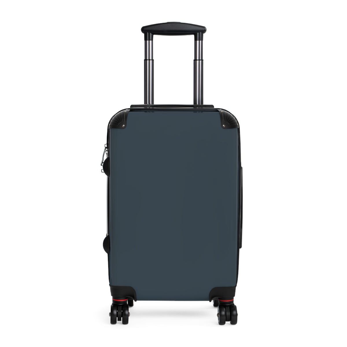 A dark slate blue hard-shell suitcase with an extended telescoping handle and four spinner wheels, shown from a front-facing angle on a solid white background.