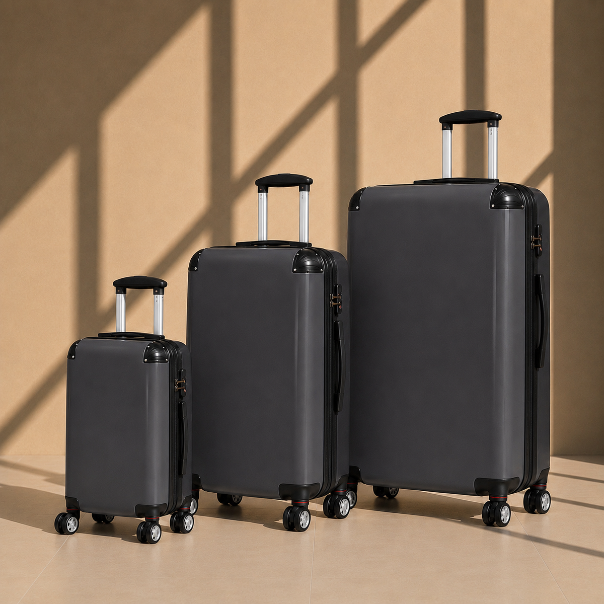 Three hard-shell spinner suitcases in dark slate blue, shown in ascending sizes against a warm beige wall with diagonal shadow patterns.