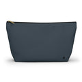 A dark slate blue zippered pouch with a gold zipper pull and a small black logo on the bottom right, shown against a plain white background.