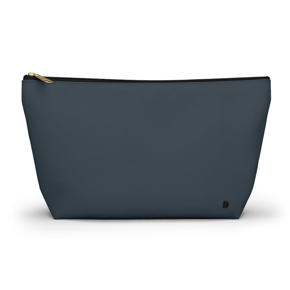 A dark slate blue zippered pouch with a gold zipper pull and a small black logo on the bottom right, shown against a plain white background.