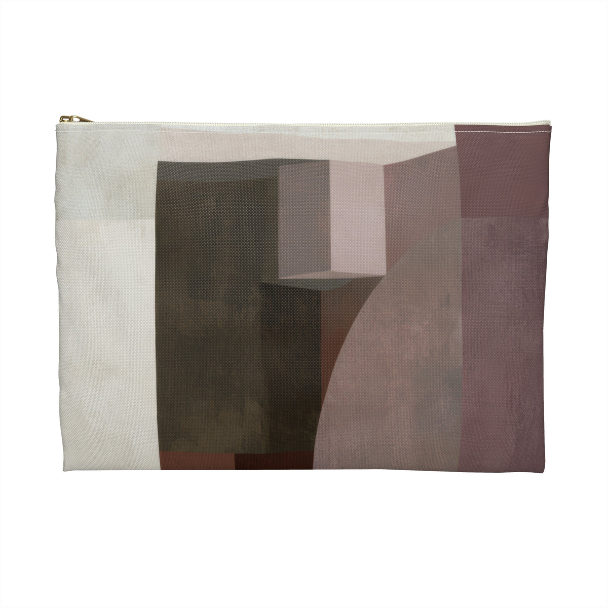 A rectangular zip pouch featuring an abstract geometric print in muted tones of beige, brown, taupe, and dusty rose, with a gold zipper pull on a plain white background.