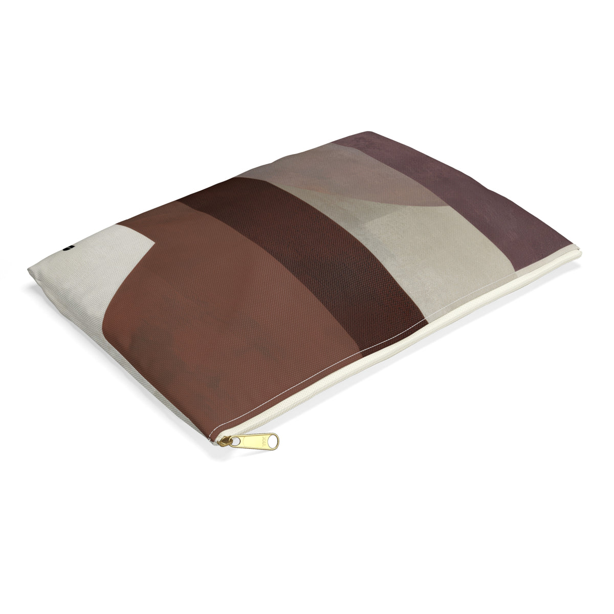 A rectangular zippered pouch with an abstract striped pattern in shades of brown, beige, and taupe, shown on a clean white background.