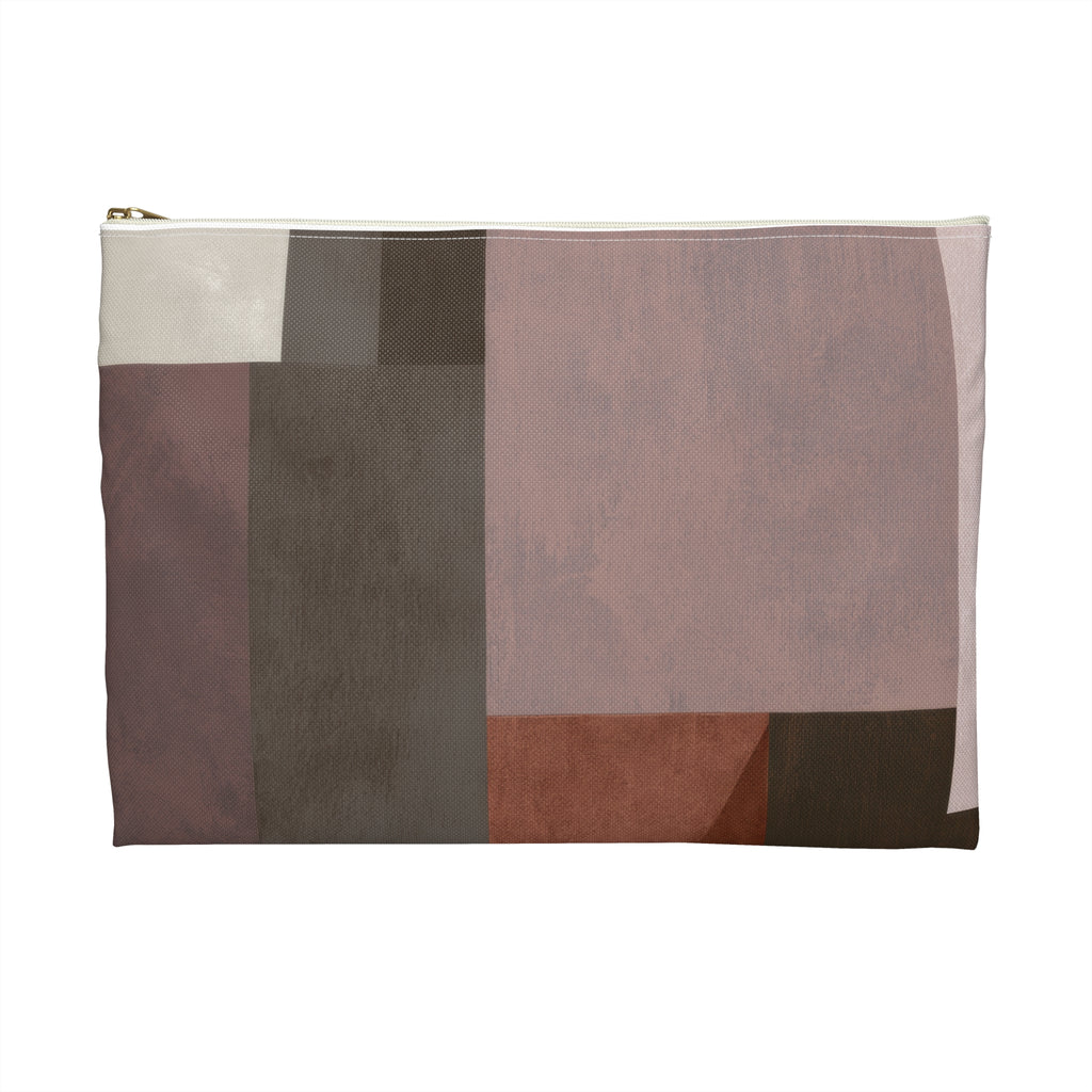 A rectangular zippered pouch with an abstract geometric patchwork pattern in muted dusty pink, taupe, brown, and cream tones, shown against a plain white background.