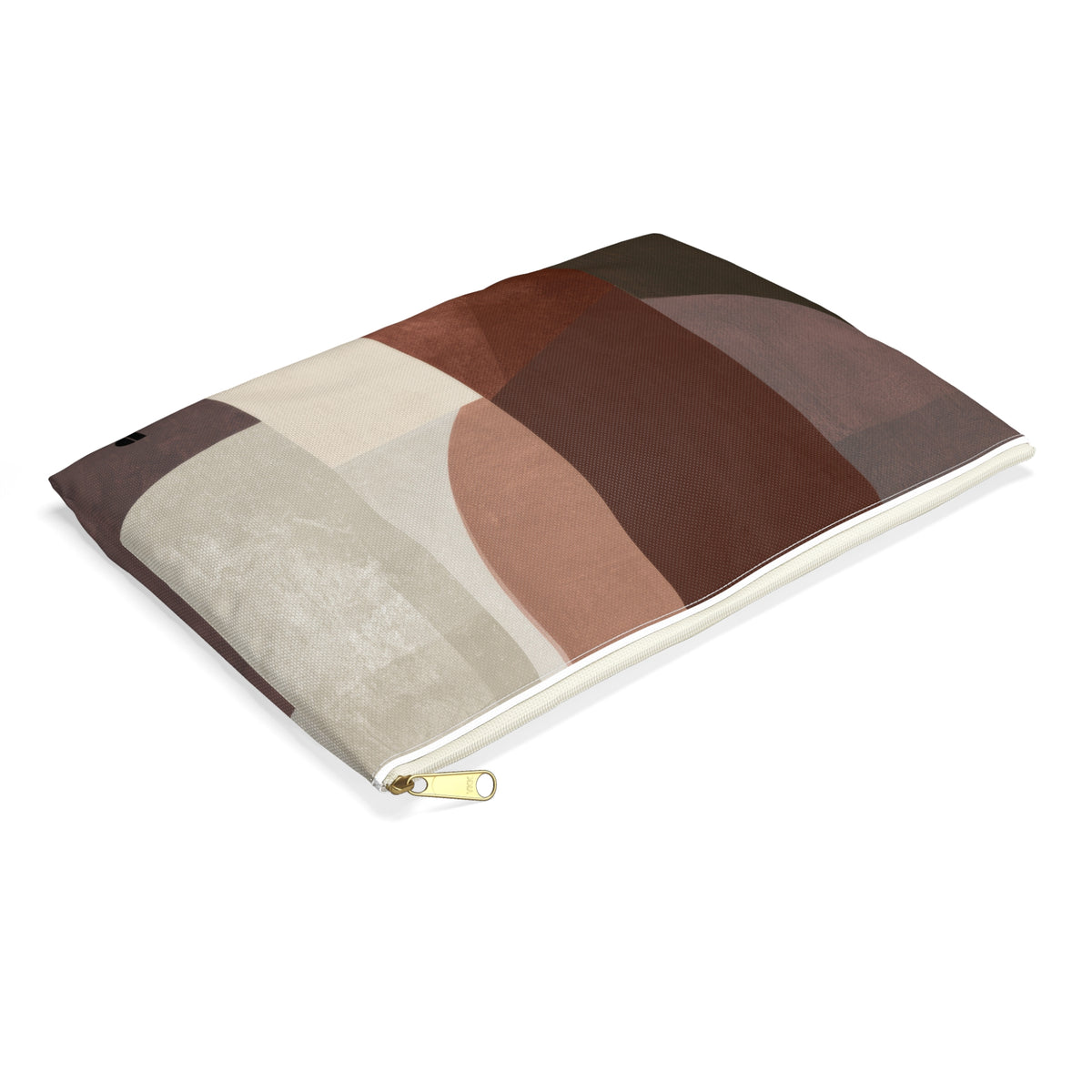 A rectangular zippered pouch with an abstract geometric color-block pattern in shades of brown, beige, and cream, shown on a clean white background.