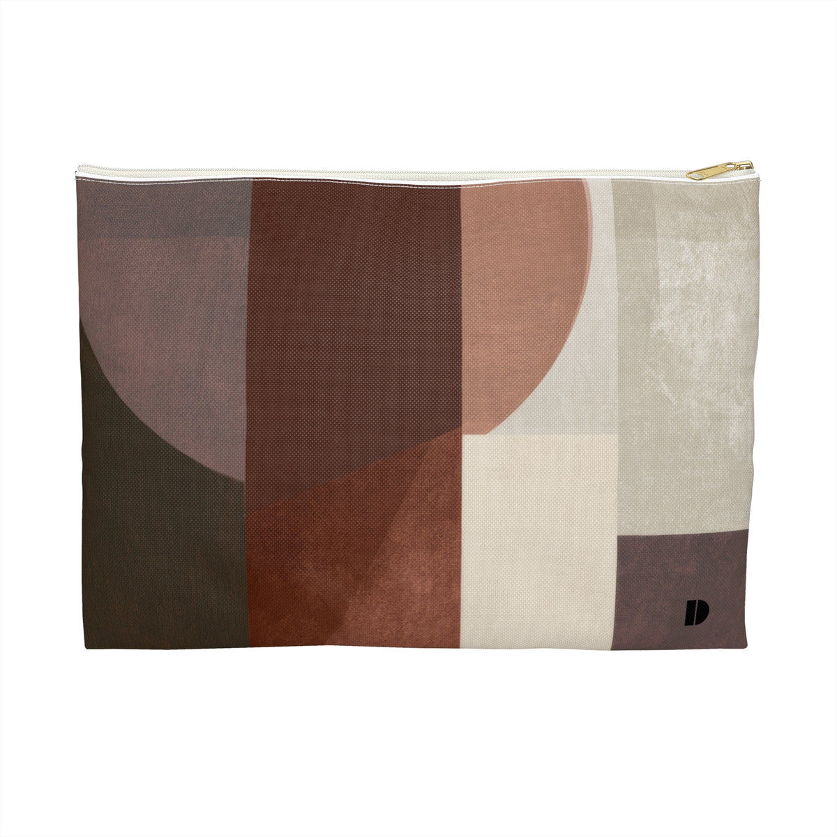 A rectangular zippered pouch with an abstract geometric print in earthy tones of brown, beige, and cream, featuring a small black monogram logo on the bottom right.