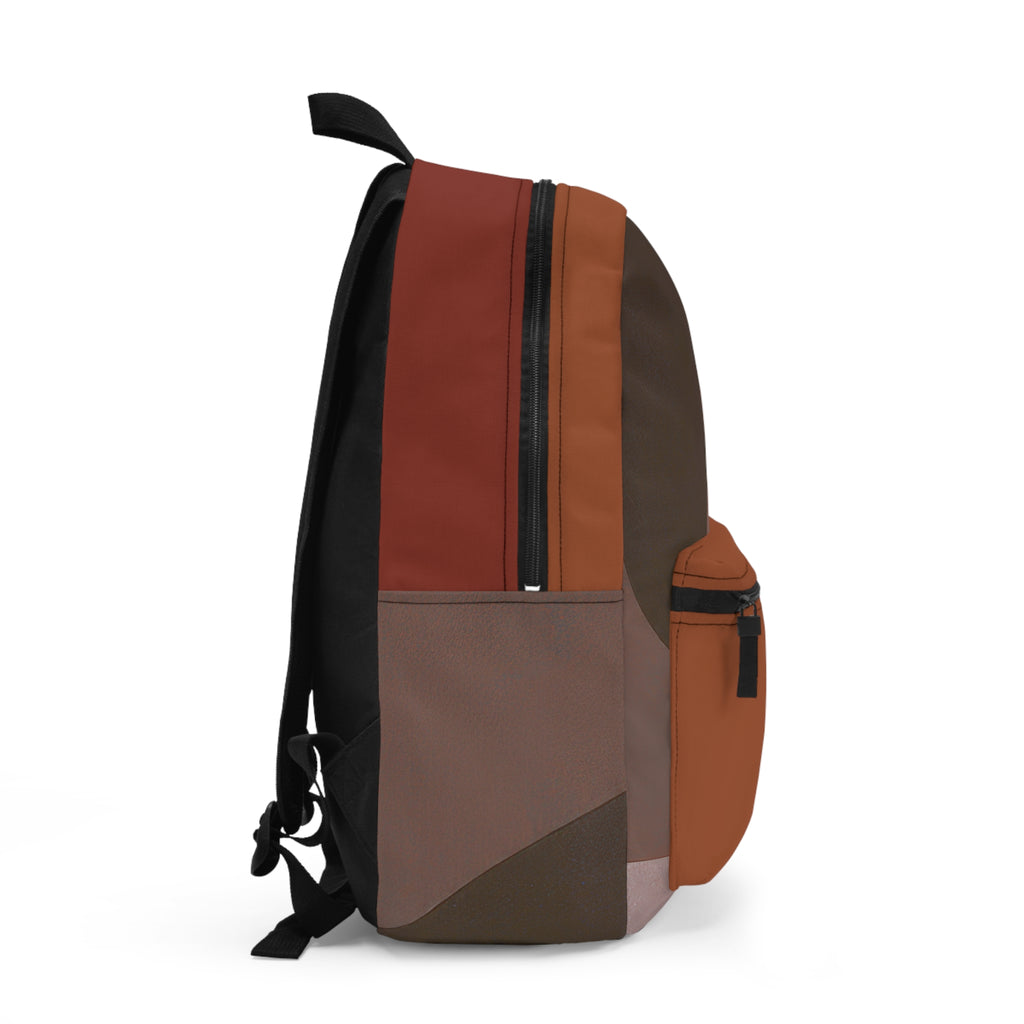 A color-blocked canvas backpack shown from the side profile on a white background. The backpack features panels of black, rust red, terracotta orange, brown, and taupe.